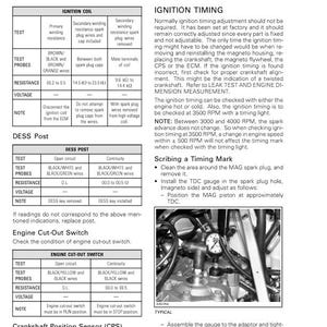 Peut inclure: Page de manuel technique sur le syst&egrave;me &eacute;lectrique, en particulier le syst&egrave;me d'allumage. Il pr&eacute;sente des tableaux avec des param&egrave;tres de test pour les bobines d'allumage, les bornes DESS et les interrupteurs d'arr&ecirc;t du moteur.