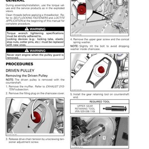 May include: A manual page detailing the drive system and brake, focusing on the driven pulley and countershaft. The image shows diagrams, warnings, and instructions for removing and installing components, with close-ups of parts and tools.