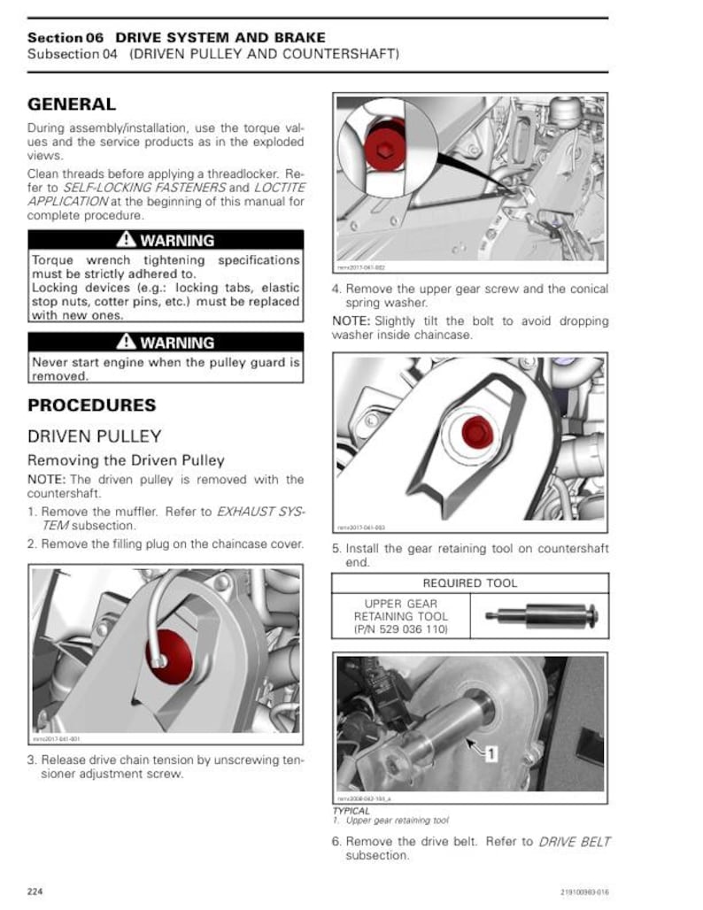 May include: A manual page detailing the drive system and brake, focusing on the driven pulley and countershaft. The image shows diagrams, warnings, and instructions for removing and installing components, with close-ups of parts and tools.