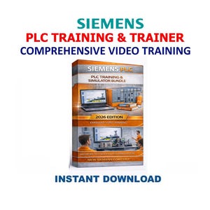May include: A product box with the text "SIEMENS PLC TRAINING & TRAINER COMPREHENSIVE VIDEO TRAINING". The box features images of a laptop, industrial equipment, and text that reads "2026 EDITION" and "INSTANT DOWNLOAD".
