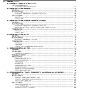 Puede incluir: Una tabla de contenido para un manual de reparaci&oacute;n de motos de nieve. La tabla enumera las diferentes secciones del manual, incluyendo el motor, el sistema de admisi&oacute;n de aire, el sistema de escape, el sistema de refrigeraci&oacute;n y los componentes del veh&iacute;culo. Los n&uacute;meros de p&aacute;gina para cada secci&oacute;n se enumeran junto al t&iacute;tulo de la secci&oacute;n.