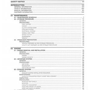 Puede incluir: Tabla de contenidos de un manual, con secciones sobre mantenimiento, componentes del motor y sistemas de escape. El texto es negro sobre fondo blanco, con n&uacute;meros de p&aacute;gina visibles.