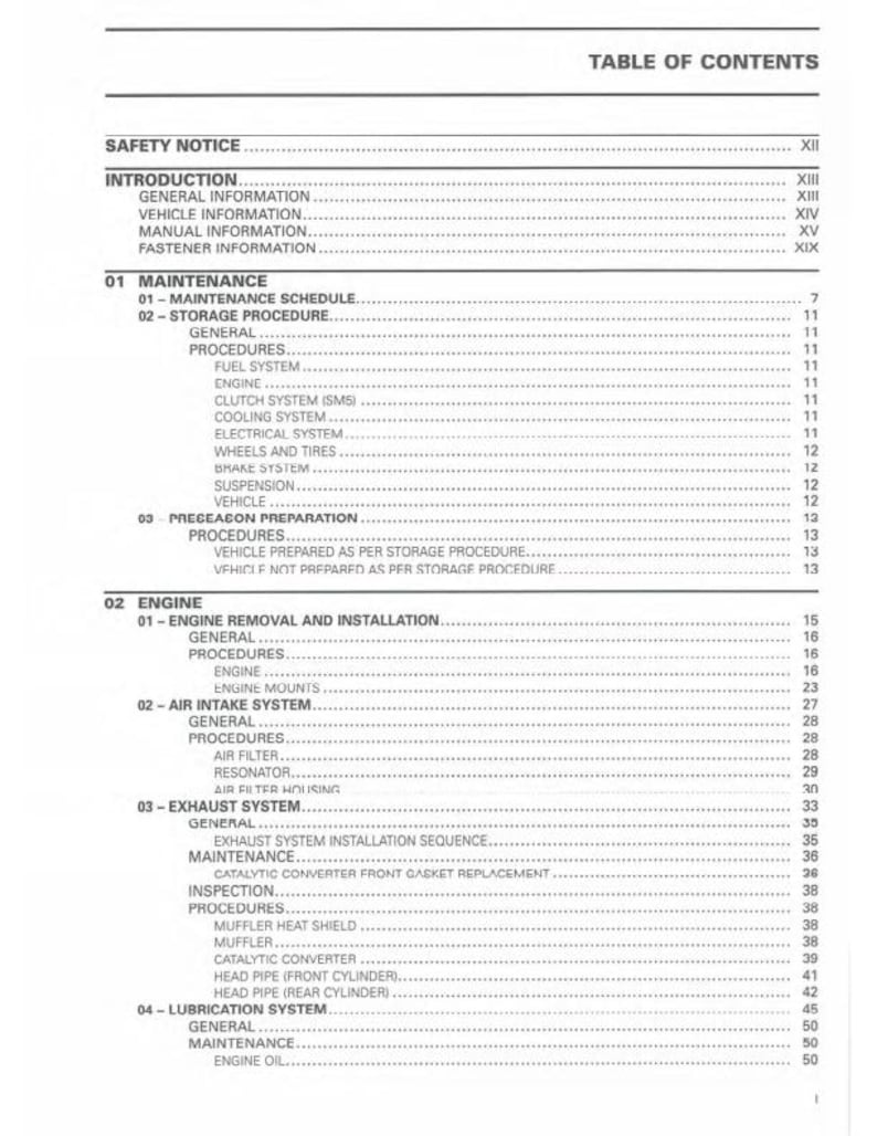 Puede incluir: Tabla de contenidos de un manual, con secciones sobre mantenimiento, componentes del motor y sistemas de escape. El texto es negro sobre fondo blanco, con n&uacute;meros de p&aacute;gina visibles.