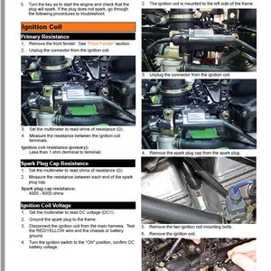 May include: A detailed diagram showing the steps for removing and testing an ignition coil on a car. The diagram includes images of the ignition coil, spark plug, and other components. The text provides instructions for removing the front fender, unplugging the connector from the ignition coil, measuring the resistance of the ignition coil and spark plug cap, and testing the ignition coil voltage.