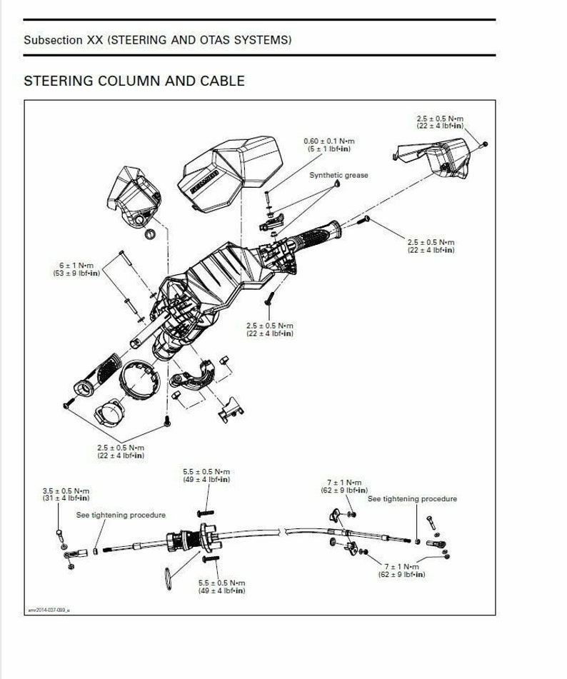 Pode incluir: Um diagrama em preto e branco mostrando as partes de um conjunto de coluna de dire&ccedil;&atilde;o e cabo. O diagrama inclui especifica&ccedil;&otilde;es de torque em libras-polegadas e Newton-metros. O diagrama tamb&eacute;m inclui instru&ccedil;&otilde;es para ver os procedimentos de aperto.
