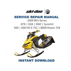K&ouml;nnte beinhalten: Ein gelb-schwarzes Ski-Doo-Schneemobil mit dem Text "SERVICE REPAIR MANUAL" und "INSTANT DOWNLOAD". Das Handbuch behandelt die 2009 REV Series Modelle: GTX, GSX, MXZ, Summit, 500, 600 HO E-TEC und 800R Power TEK.