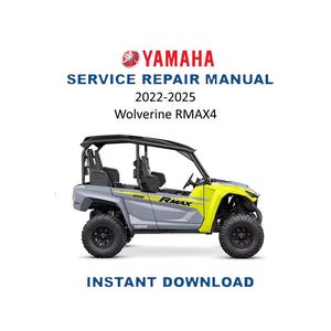 Puede incluir: Manual de reparación de servicio Yamaha para los modelos Wolverine RMAX4 de 2022-2025. La imagen muestra un ATV lado a lado en gris y amarillo, con neumáticos y asientos negros. El texto "Descarga instantánea" está en la parte inferior.