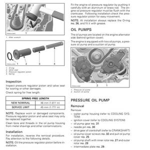 May include: Diagram of engine components, including an Allen wrench, O-ring, valve seat, pressure regulator piston, and spring. Text details the lubrication system, oil pumps, and pressure oil pump removal process. Measurements are in inches.
