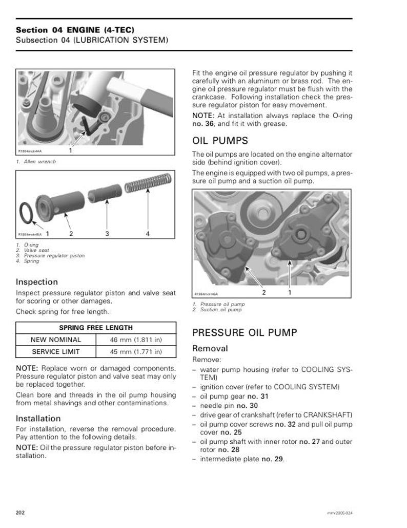 May include: Diagram of engine components, including an Allen wrench, O-ring, valve seat, pressure regulator piston, and spring. Text details the lubrication system, oil pumps, and pressure oil pump removal process. Measurements are in inches.