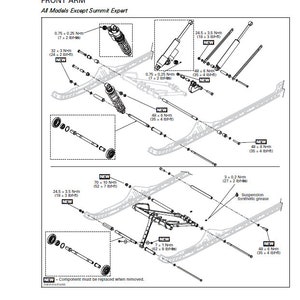 May include: Diagram showing the rear suspension system for a snowmobile. The diagram includes instructions for torque specifications in inch-pounds and foot-pounds. The diagram also includes the text "NEW - Component must be replaced when removed."