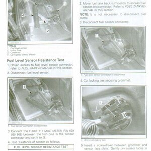 K&ouml;nnte beinhalten: Diagramm eines Kraftstoffsystems mit beschrifteten Komponenten, einschlie&szlig;lich eines Kraftstoffstandsensors, einer Inline-Sicherung und eines Steckers. Anweisungen zum Ausbau des Kraftstoffsensors, einschlie&szlig;lich des Abklemmens des Steckers und der Widerstandspr&uuml;fung.