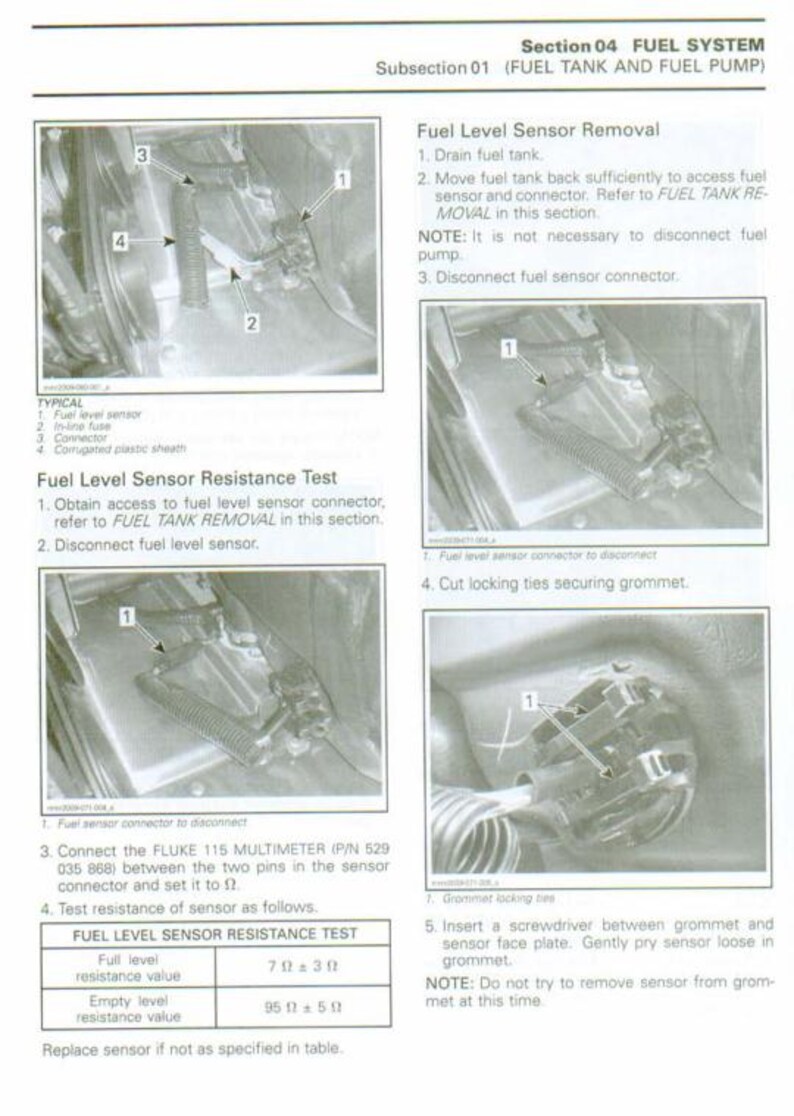 K&ouml;nnte beinhalten: Diagramm eines Kraftstoffsystems mit beschrifteten Komponenten, einschlie&szlig;lich eines Kraftstoffstandsensors, einer Inline-Sicherung und eines Steckers. Anweisungen zum Ausbau des Kraftstoffsensors, einschlie&szlig;lich des Abklemmens des Steckers und der Widerstandspr&uuml;fung.