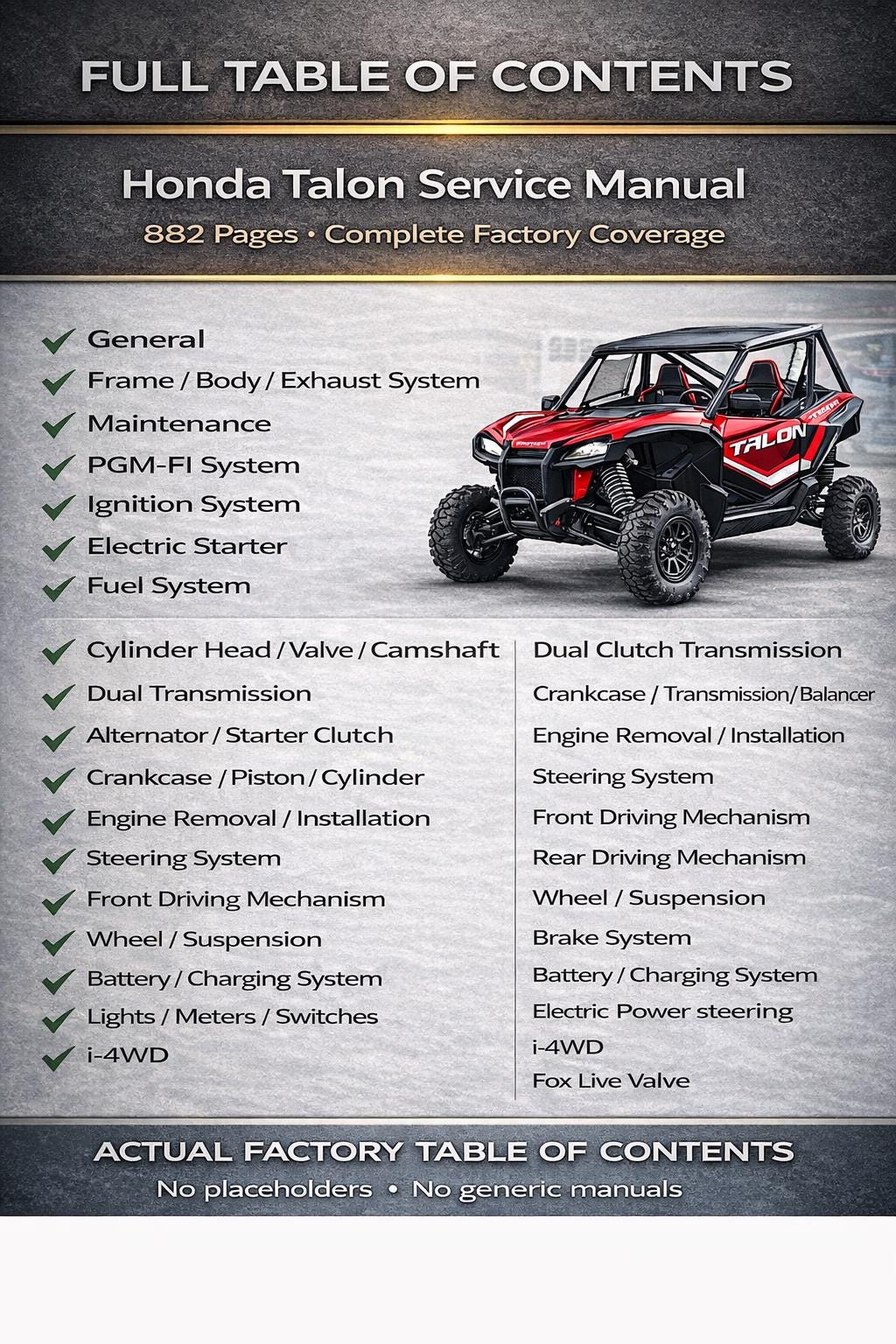 Honda Talon 1000 Service Manual | 2019–2024 UTV Repair Guide