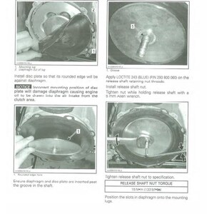 Puede incluir: Una p&aacute;gina de manual que detalla el montaje del embrague del motor. Las im&aacute;genes muestran varios pasos, incluida la instalaci&oacute;n de un disco, la aplicaci&oacute;n de Loctite y el apriete de una tuerca. El texto incluye especificaciones de par y advertencias sobre el montaje incorrecto.