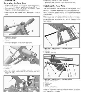 Puede incluir: Diagrama que muestra c&oacute;mo quitar e instalar el brazo trasero de una moto de nieve. El diagrama muestra el brazo trasero, el amortiguador, las varillas del acelerador y otras piezas. El diagrama tambi&eacute;n incluye instrucciones de texto para quitar e instalar el brazo trasero.