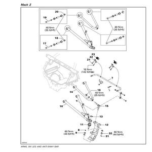Peut inclure: Sch&eacute;ma technique de la suspension avant d'un Mach Z, montrant les bras, le support de ski et les composants de la barre stabilisatrice. Les mesures sont en lbf-ft et lbf-in. Le sch&eacute;ma est annot&eacute; avec les titres de section et de sous-section.