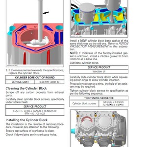 May include: Diagram showing the steps for installing a cylinder block on a motorcycle engine. The diagram includes a detailed illustration of the cylinder block, piston rings, and screws. The text includes instructions for tightening the screws to the correct torque specification.