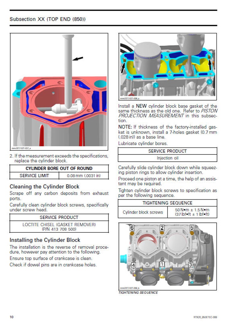 May include: Diagram showing the steps for installing a cylinder block on a motorcycle engine. The diagram includes a detailed illustration of the cylinder block, piston rings, and screws. The text includes instructions for tightening the screws to the correct torque specification.