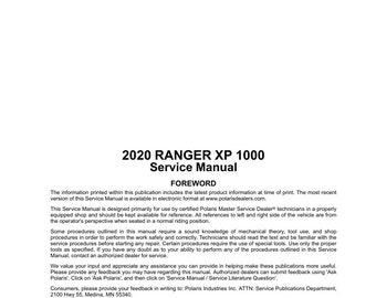 Polaris RANGER XP 1000 Service Manual | 2020 | Immediate Download