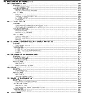May include: A detailed contents page from a manual, covering electrical systems, starting systems, and accessories. The text is black on a white background, with page numbers on the right.