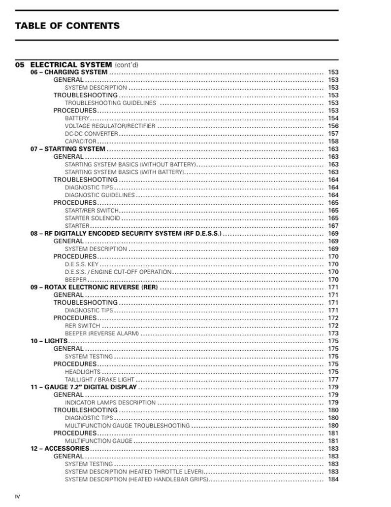 May include: A detailed contents page from a manual, covering electrical systems, starting systems, and accessories. The text is black on a white background, with page numbers on the right.
