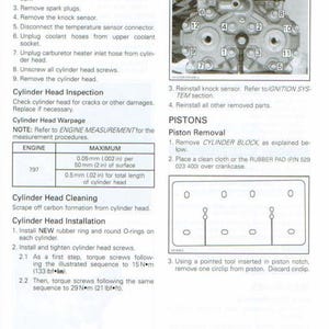 K&ouml;nnte beinhalten: Diagramm eines Zylinderkopfes mit nummerierten Komponenten, zusammen mit Anweisungen zur Inspektion, Reinigung und Installation des Zylinderkopfes. Enth&auml;lt Messungen in mm und Nm.
