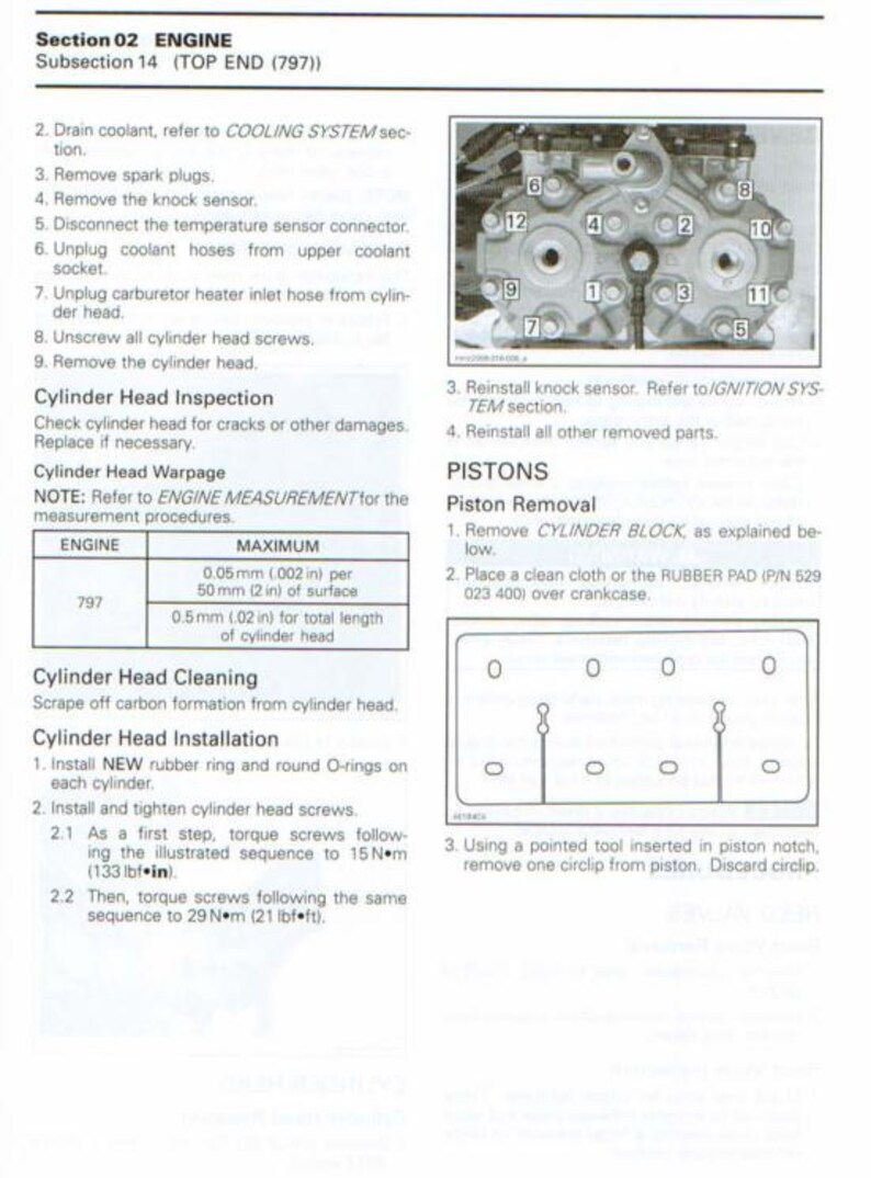K&ouml;nnte beinhalten: Diagramm eines Zylinderkopfes mit nummerierten Komponenten, zusammen mit Anweisungen zur Inspektion, Reinigung und Installation des Zylinderkopfes. Enth&auml;lt Messungen in mm und Nm.