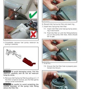 Puede incluir: Un diagrama que muestra c&oacute;mo instalar un nuevo filtro de bomba de combustible. El diagrama muestra los pasos involucrados en la eliminaci&oacute;n del filtro antiguo, la instalaci&oacute;n del nuevo filtro y la garant&iacute;a de que el filtro est&eacute; correctamente asentado. El diagrama tambi&eacute;n incluye una advertencia para evitar da&ntilde;ar los cables al retirar el dep&oacute;sito de la bomba de combustible.