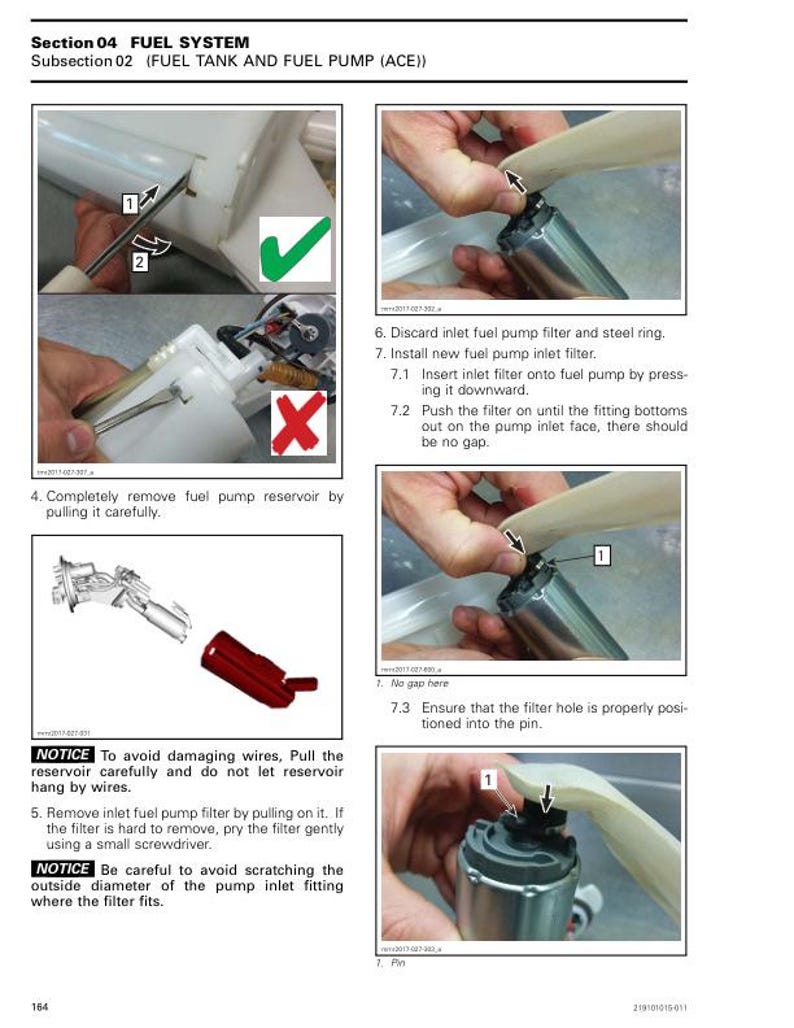 Puede incluir: Un diagrama que muestra c&oacute;mo instalar un nuevo filtro de bomba de combustible. El diagrama muestra los pasos involucrados en la eliminaci&oacute;n del filtro antiguo, la instalaci&oacute;n del nuevo filtro y la garant&iacute;a de que el filtro est&eacute; correctamente asentado. El diagrama tambi&eacute;n incluye una advertencia para evitar da&ntilde;ar los cables al retirar el dep&oacute;sito de la bomba de combustible.