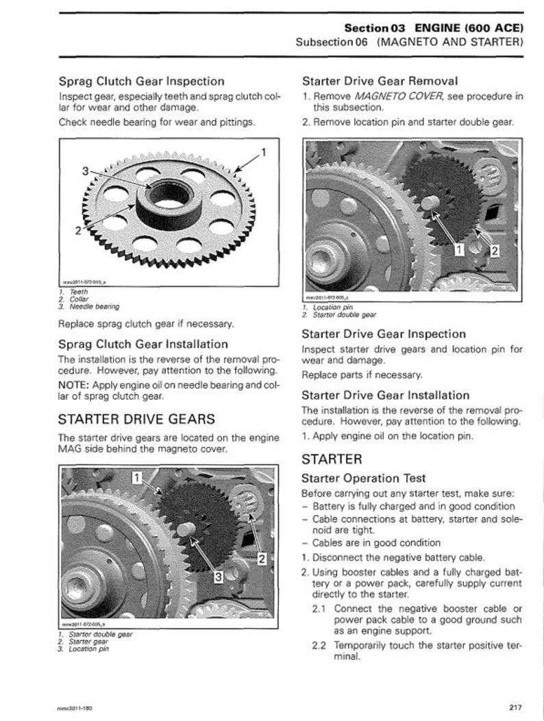 May include: A page from a manual with diagrams and text about engine components. The diagrams show gears and other mechanical parts. Text includes instructions for inspection, removal, and installation of engine parts.
