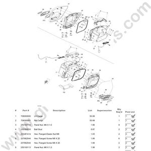 Puede incluir: Diagrama t&eacute;cnico de los componentes del equipaje Spyder RT, RTS Roadster SM5, 2010. La imagen muestra ilustraciones detalladas de piezas como LH Cargo, RH Cargo, tuercas de panel, r&oacute;tulas y tornillos hexagonales. Tambi&eacute;n se enumeran los n&uacute;meros de pieza y las cantidades.