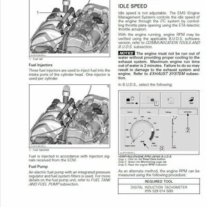 Pode incluir: Um diagrama em preto e branco de um motor com injetores de combust&iacute;vel, trilho de combust&iacute;vel e bomba de combust&iacute;vel. O diagrama mostra a localiza&ccedil;&atilde;o dos injetores de combust&iacute;vel, do trilho de combust&iacute;vel e da bomba de combust&iacute;vel. O texto na imagem diz "Fuel Injectors", "Fuel Rail", "Fuel Pump" e "ADJUSTMENTS IDLE SPEED".