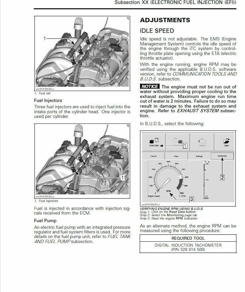 Pode incluir: Um diagrama em preto e branco de um motor com injetores de combust&iacute;vel, trilho de combust&iacute;vel e bomba de combust&iacute;vel. O diagrama mostra a localiza&ccedil;&atilde;o dos injetores de combust&iacute;vel, do trilho de combust&iacute;vel e da bomba de combust&iacute;vel. O texto na imagem diz "Fuel Injectors", "Fuel Rail", "Fuel Pump" e "ADJUSTMENTS IDLE SPEED".