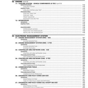 Puede incluir: Tabla de contenidos para un manual de reparaci&oacute;n de veh&iacute;culos. La tabla enumera las secciones para el motor, el sistema de gesti&oacute;n electr&oacute;nica, la red de &aacute;rea del controlador, las herramientas de comunicaci&oacute;n, los c&oacute;digos de diagn&oacute;stico y los c&oacute;digos de falla.