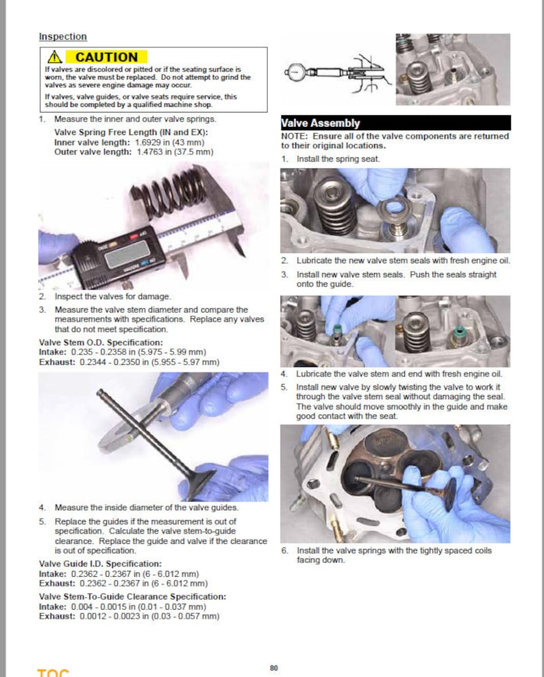 May include: A detailed diagram showing the steps for inspecting and replacing engine valves. The diagram includes illustrations of the valve assembly, valve stem seals, and valve springs. The text provides instructions for measuring valve stem diameter, valve spring length, and valve guide clearance.  The text also includes a caution about grinding valves.