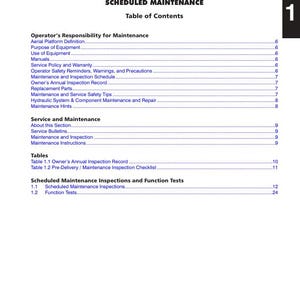May include: Table of contents for a Skyjack Telescopic Boom Series manual, covering topics like operator responsibility, service and maintenance, and scheduled maintenance inspections. The manual is for models SJ61T and SJ66T.