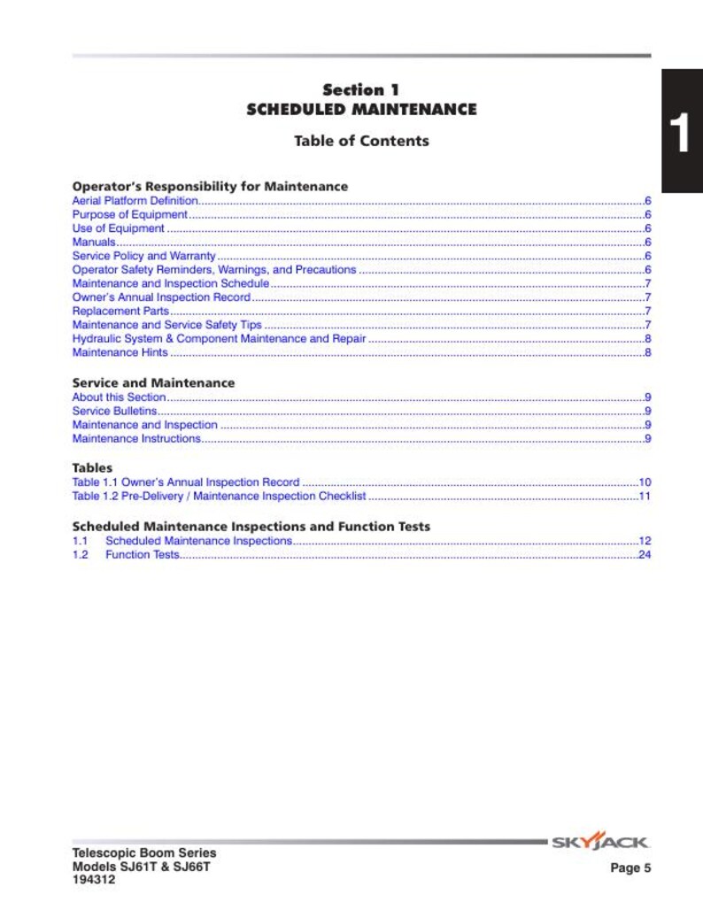 May include: Table of contents for a Skyjack Telescopic Boom Series manual, covering topics like operator responsibility, service and maintenance, and scheduled maintenance inspections. The manual is for models SJ61T and SJ66T.