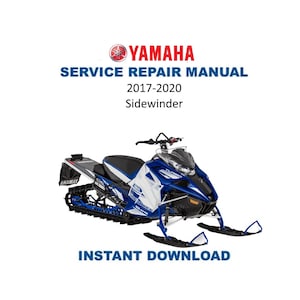 Può includere: Manuale di riparazione Yamaha per motoslitta Sidewinder 2017-2020. La copertina presenta una motoslitta blu e bianca con cingoli e sci neri. Il logo Yamaha è in alto, con "Download istantaneo" in basso.