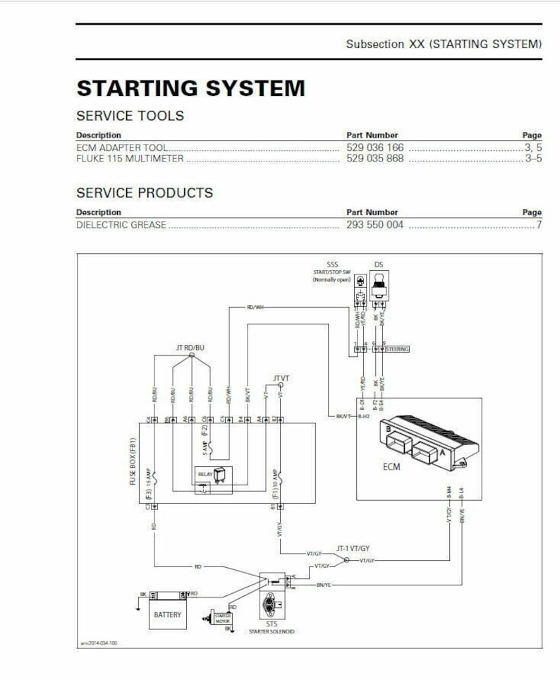 Pode incluir: Um diagrama de fia&ccedil;&atilde;o preto e branco para um sistema de partida. O diagrama mostra os componentes do sistema, incluindo a bateria, o solen&oacute;ide de partida, o ECM e a caixa de fus&iacute;veis. O diagrama tamb&eacute;m inclui os n&uacute;meros das pe&ccedil;as dos componentes.
