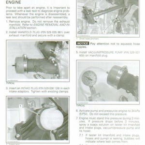 K&ouml;nnte beinhalten: Eine Seite aus einem Handbuch mit Verfahren zur Motorleckpr&uuml;fung. Der Text enth&auml;lt Anweisungen zum Entfernen und Einsetzen von Stopfen sowie zur Verwendung einer Vakuum-/Druckpumpe. Diagramme zeigen Motorkomponenten und Werkzeuge.