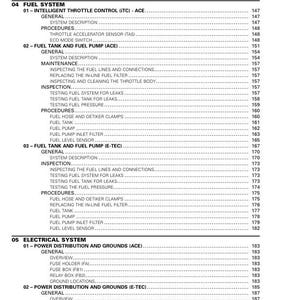 Puede incluir: Tabla de contenidos para un manual de reparaci&oacute;n de veh&iacute;culos. El manual cubre el sistema de combustible, el sistema el&eacute;ctrico y la distribuci&oacute;n de energ&iacute;a y las tierras para los modelos ACE y E-TEC.