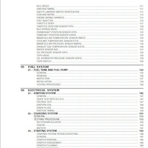 May include: A table of contents for a car repair manual. The table of contents lists the different sections of the manual, including fuel system, electrical system, charging system, and starting system.