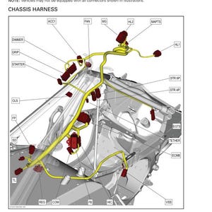 May include: Diagram of a vehicle's electrical system, detailing the chassis harness with wiring and connectors. The image features labels like ACC1, FAN, and HL2, with yellow wiring and red connectors.