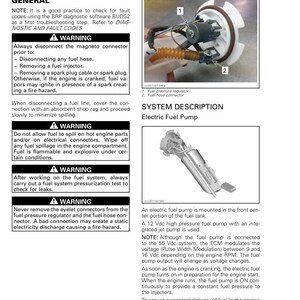 May include: Diagram of a fuel system, including an electric fuel pump, fuel pressure regulator, and fuel hose connector. The text provides warnings about fuel handling and electrical connections.
