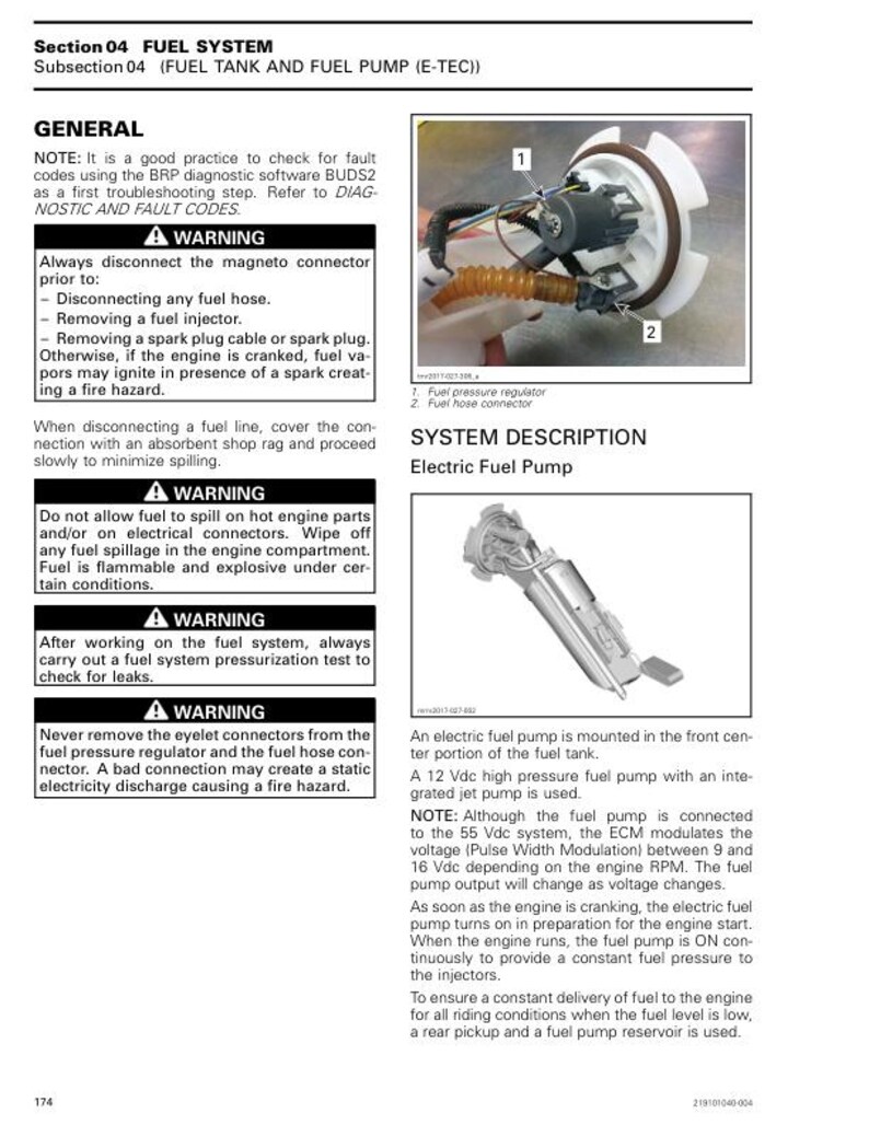 May include: Diagram of a fuel system, including an electric fuel pump, fuel pressure regulator, and fuel hose connector. The text provides warnings about fuel handling and electrical connections.