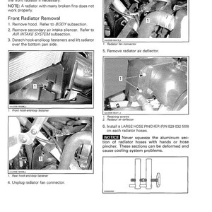 May include: A page from a manual detailing the removal of a radiator from an engine. The text includes instructions and diagrams for the cooling system, with close-up images of fasteners and connectors.