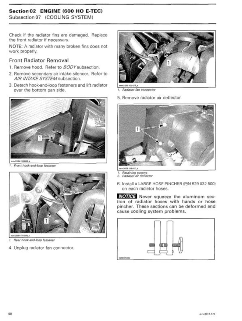 May include: A page from a manual detailing the removal of a radiator from an engine. The text includes instructions and diagrams for the cooling system, with close-up images of fasteners and connectors.