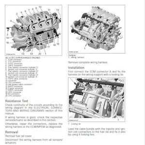 May include: A black and white diagram showing the location of engine connectors on a 4-TEC supercharged engine. The diagram includes labels for each connector, such as ECM, CTS, EGTS, CAPS, fuel injector, ignition coil, TOPS valve, TPS, idle bypass valve, MATS, engine, MAPS, OPS, KS, and CPS. The diagram also includes a section on resistance testing and removal of the wiring harness.