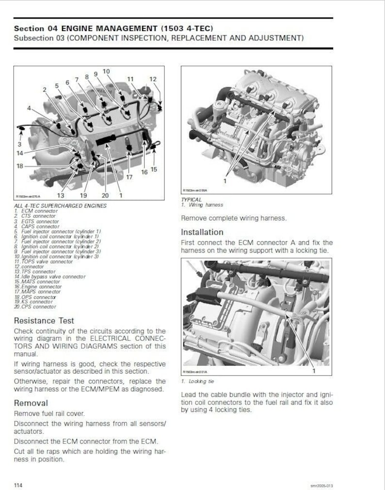 May include: A black and white diagram showing the location of engine connectors on a 4-TEC supercharged engine. The diagram includes labels for each connector, such as ECM, CTS, EGTS, CAPS, fuel injector, ignition coil, TOPS valve, TPS, idle bypass valve, MATS, engine, MAPS, OPS, KS, and CPS. The diagram also includes a section on resistance testing and removal of the wiring harness.