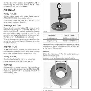 Peut inclure: Diagramme technique d'une poulie men&eacute;e d'un syst&egrave;me d'entra&icirc;nement, avec instructions de nettoyage et d'inspection. Comprend des mesures pour les petits et grands coussinets : 38,30 mm et 108,2 mm.